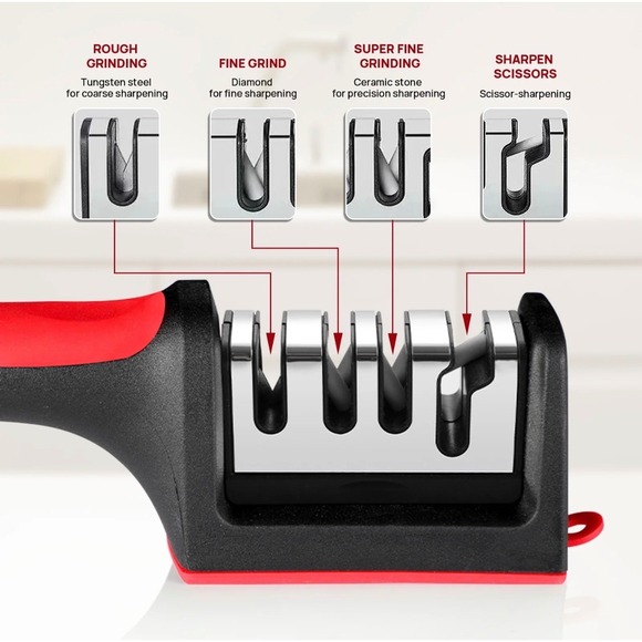 Other - 4-in-1 Kitchen Knife and Scissor Sharpener Diamond Ceramic Tungsten Red Black